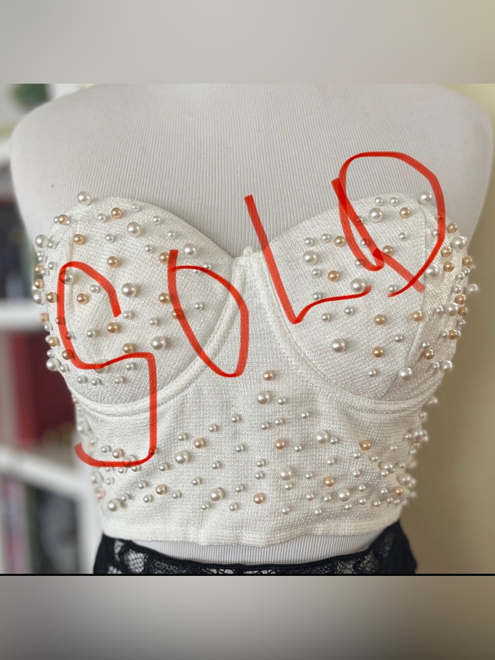 Bustier Tube Top White Pearl Embellished Front Cropped Sweetheart Bustline SZ M